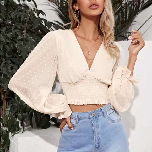 SHEIN Beige Swiss Dots Shirred Crop Blouse - Picture 1 of 9